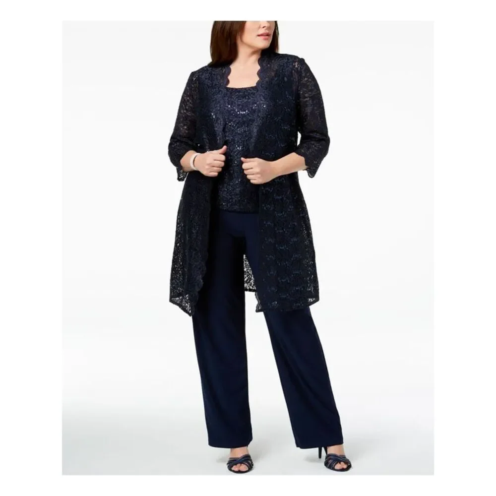 R&M RICHARDS Womens Navy Sequined Lace Pant Suit Plus 16W